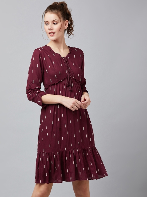 RARE ROOTS Women Maroon Printed Empire Dress