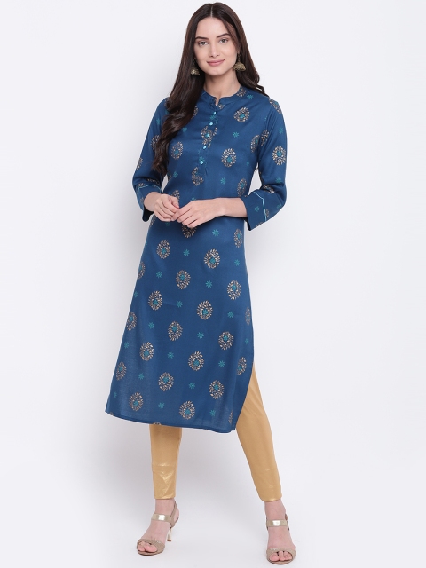 Be Indi Women Blue Printed Straight Kurta