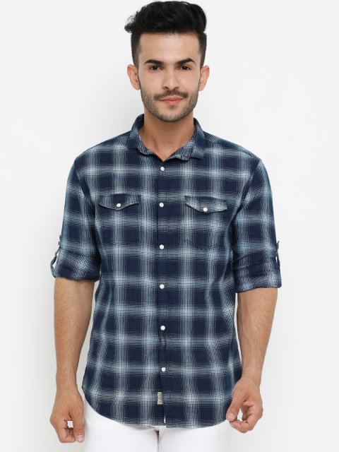 SHOWOFF Men Navy Blue Slim Fit Checked Casual Shirt