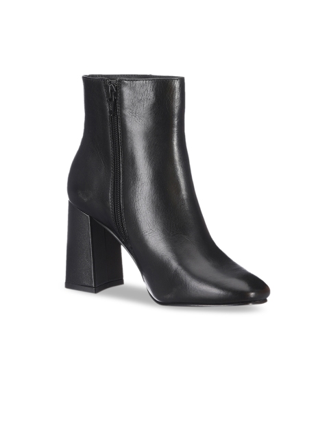 Saint G Women Black Solid Leather Heeled Boots