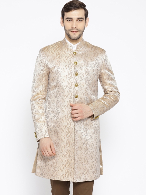 Shaftesbury London Men Beige Self Design Sherwani
