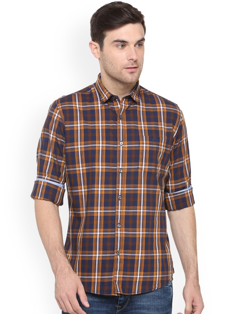 Van Heusen Sport Men Navy Blue & Brown Slim Fit Checked Casual Shirt