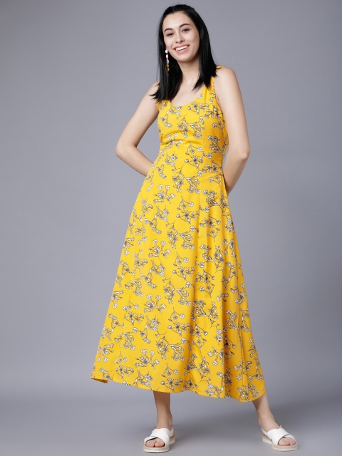 Tokyo Talkies Women Yellow Printed Fit and Flare Dress