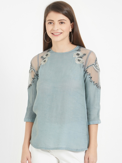 Soie Women Teal Solid A-Line Top