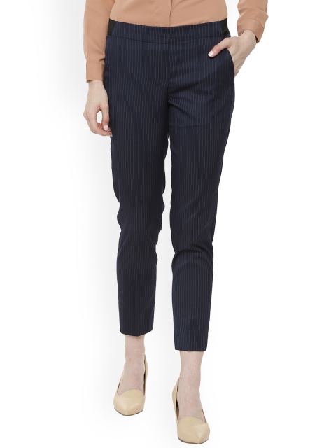 Van Heusen Woman Navy Blue Regular Fit Striped Cropped Formal Trousers