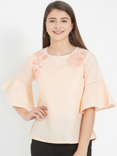 Soie Women Peach-Coloured Solid A-Line Pure Cotton Top
