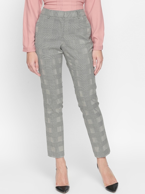 Annabelle by Pantaloons Women White & Grey Slim Fit Checked Formal Trousers
