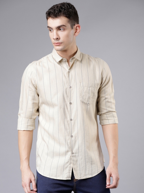 Black coffee Men Beige & Navy Blue Slim Fit Striped Casual Shirt