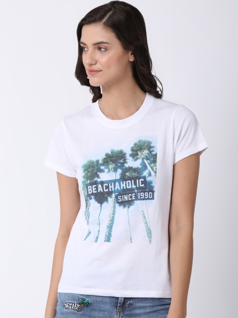 Blue Saint Women White Printed Round Neck T-shirt