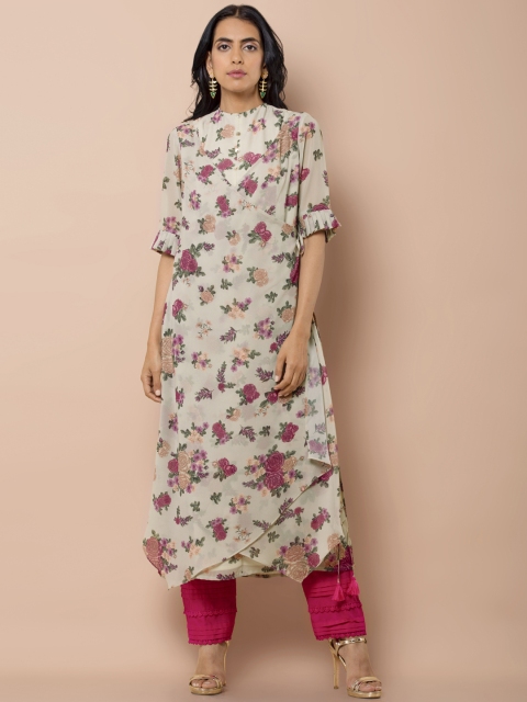 INDYA Women Off-White & Pink Printed A-Line Kurta