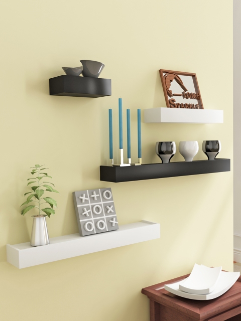 Home Sparkle Set of 4 White & Black MDF Basic Wall Shelf