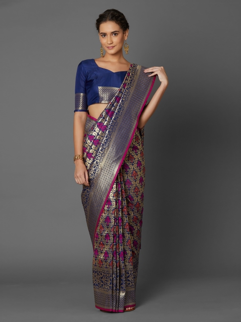 Mitera Blue & Purple Silk Blend Woven Design Banarasi Saree