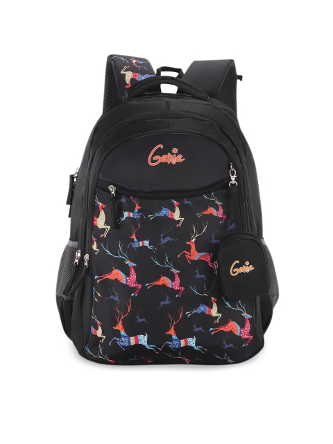 Genie Girls Black Printed 15 inches Small Backpack with Pouch