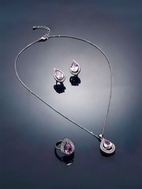 shaze Women Pink & Silver-Plated Stone-Studded Jewellery Set