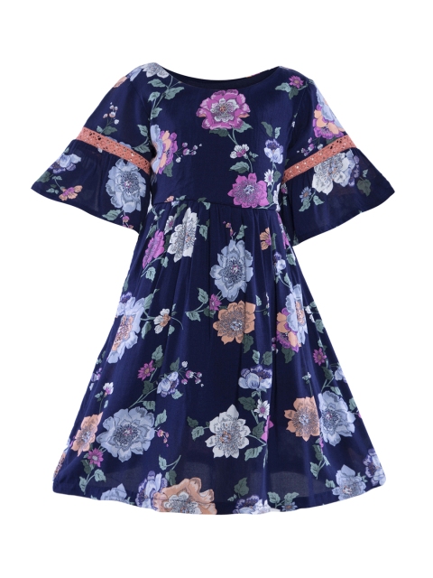 Stylo Bug Girls Navy Blue Printed Fit and Flare Dress