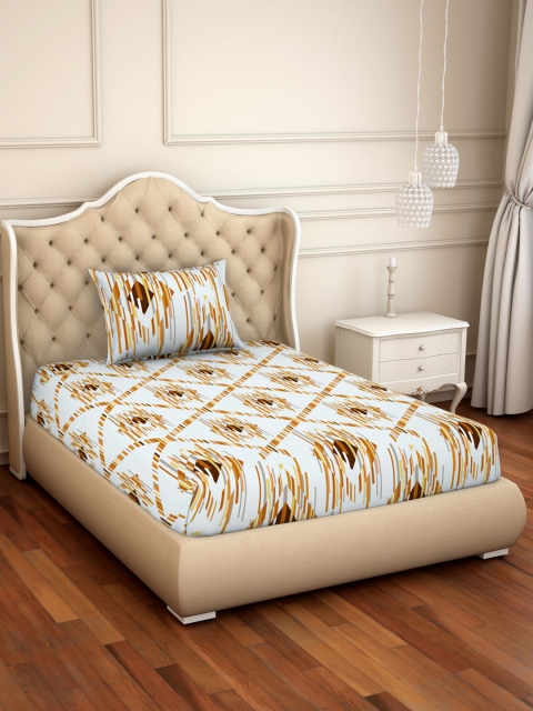 SPACES Brown & Blue Abstract 144 TC Cotton Single Bedsheet with 1 Pillow Cover