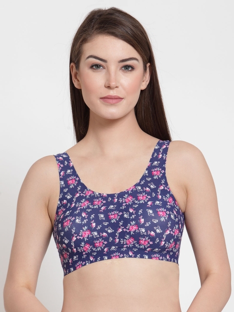 Laceandme Navy Blue Printed Lightly Padded Non-Wired Bra 4470