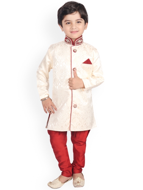 SG YUVRAJ SHERWANI Boys Cream-Coloured & Red Sherwani Set