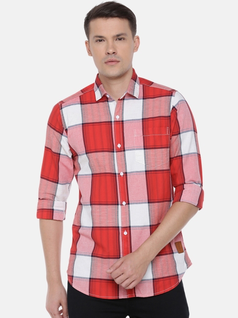 Cross Court Men Red Slim Fit Checked Casual Shirt