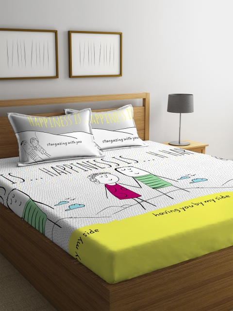 Portico New York Yellow & White Graphic 144 TC Cotton 1 King Bedsheet with 2 Pillow Covers
