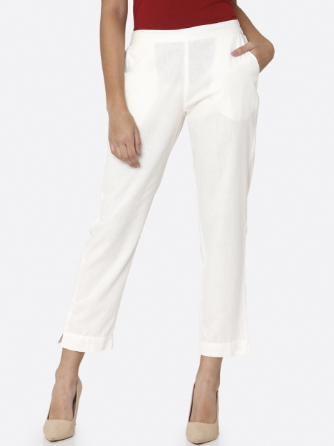 RAISIN Women White Regular Fit Solid Regular Trousers