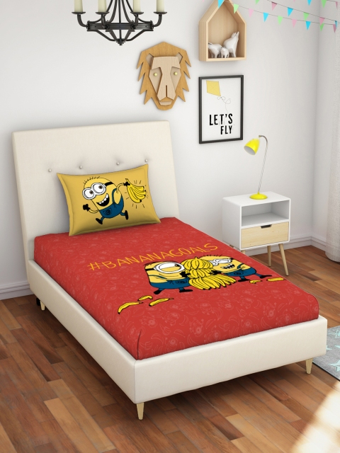 SPACES Red & Yellow Minions Printed 180 TC Cotton 1 Single Bedsheet with 1 Pillow Covers