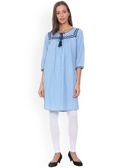 People Women Blue Embroidered A-Line Kurta