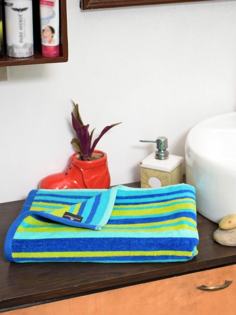 Avira Home Unisex Blue & Green Striped 400 GSM Cotton Bath Towel