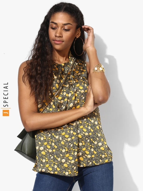 MANGO Women Black & Yellow Floral Print Layered Top