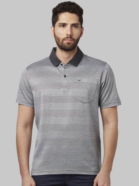 Park Avenue Men Grey Striped Polo Collar T-shirt