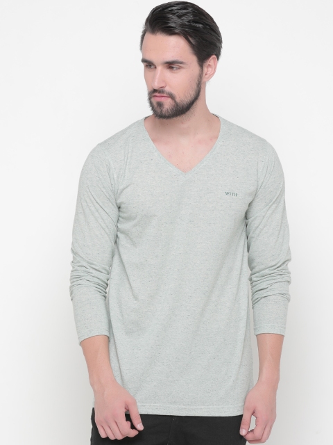 WITH Men Grey Solid V-Neck T-shirt
