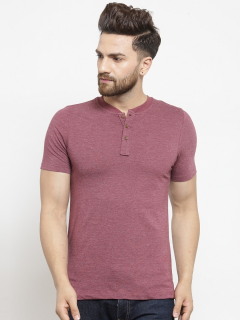 Kalt Men Maroon Solid Henley Collar T-shirt