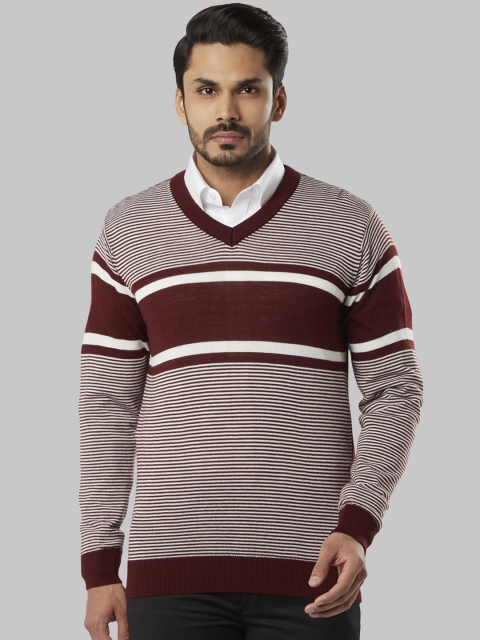 Raymond Men Maroon & White Striped Sweater