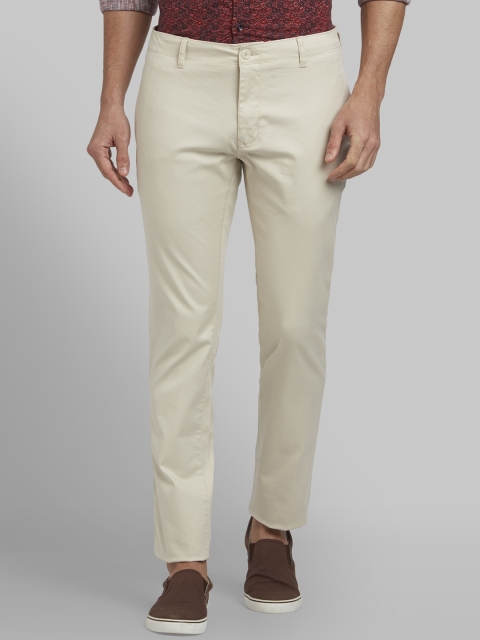 Parx Men Cream-Coloured Slim Fit Solid Regular Trousers