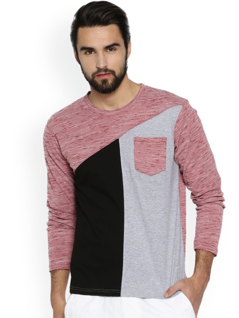 Campus Sutra Men Pink & Black Colourblocked Round Neck T-shirt