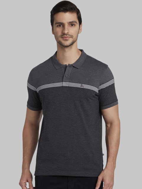 Parx Men Grey & Black Striped Polo Collar T-shirt