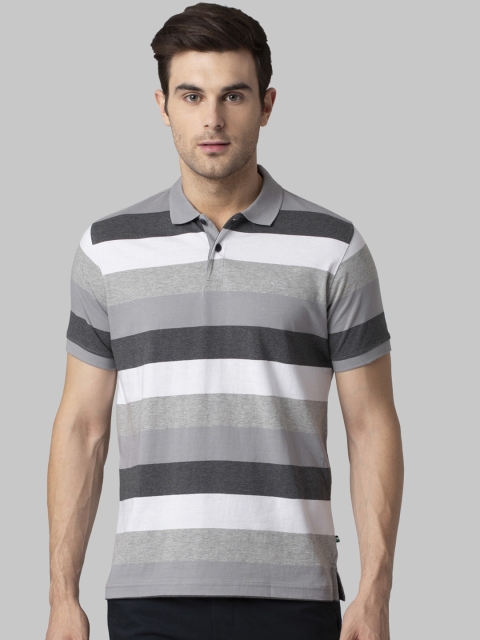 Park Avenue Men Grey & White Striped Polo Collar T-shirt