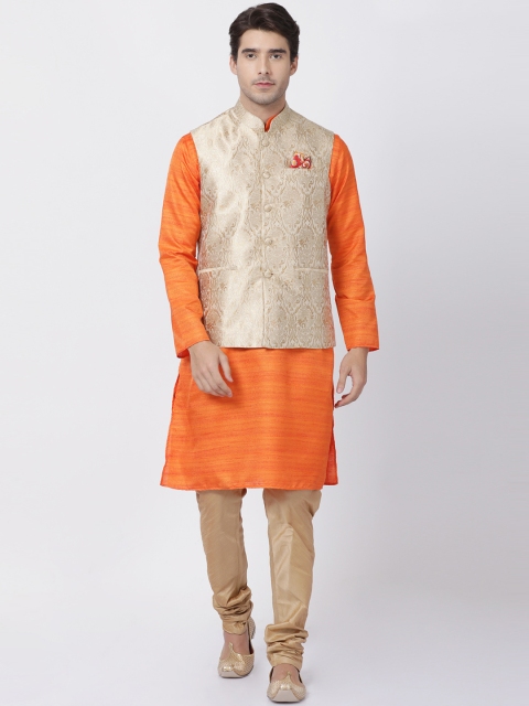 VASTRAMAY Men Orange & Brown Solid Kurta with Pyjamas & Jacket