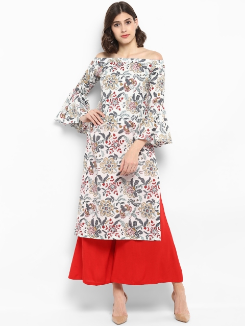 MBE Women White Printed Off-Shoulder Straight Kurta