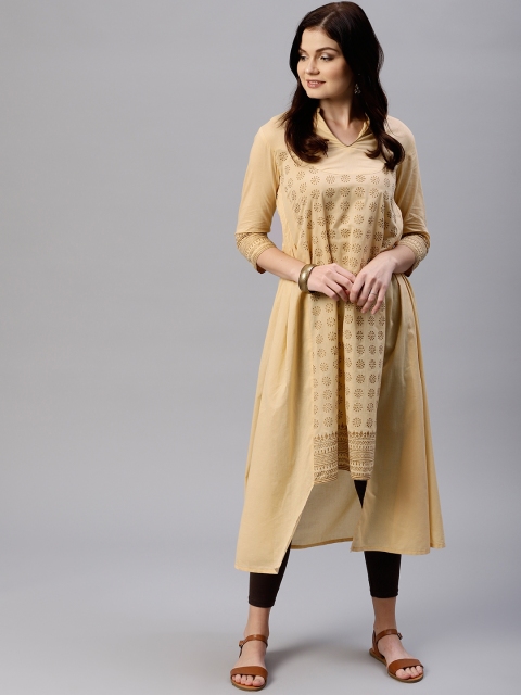 Tulsattva Women Beige & Brown Printed Kurta with Churidar