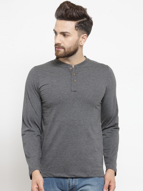 Kalt Men Grey Solid Mandarin Collar T-shirt