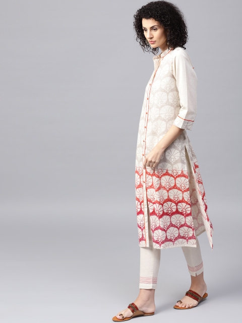 Tulsattva Women Off-White Printed Kurta with Trousers