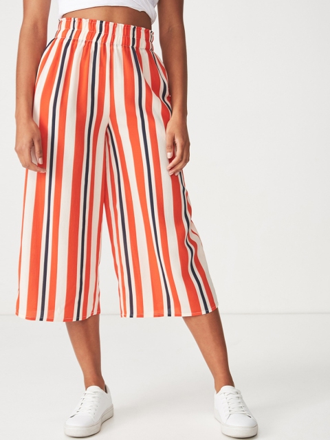 COTTON ON Women Orange & Beige Loose Fit Striped Culottes
