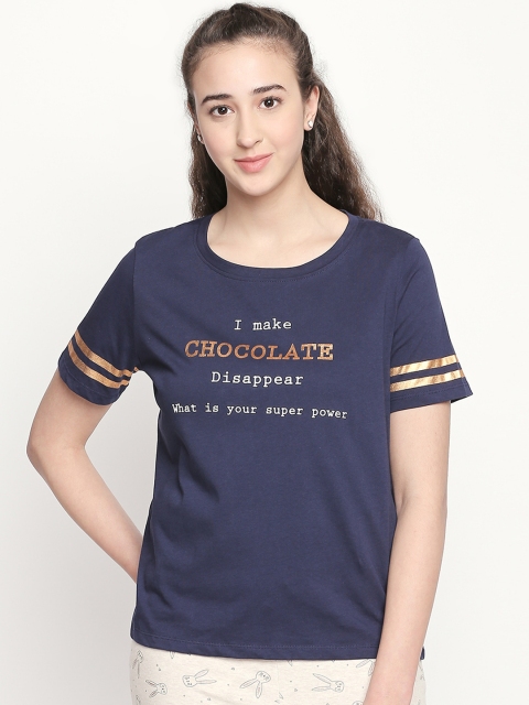 Dreamz by Pantaloons Women Navy Blue Printed Round Neck T-shirt