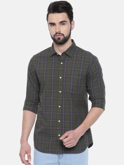 IMYOUNG Men Olive Green & Blue Slim Fit Checked Casual Shirt