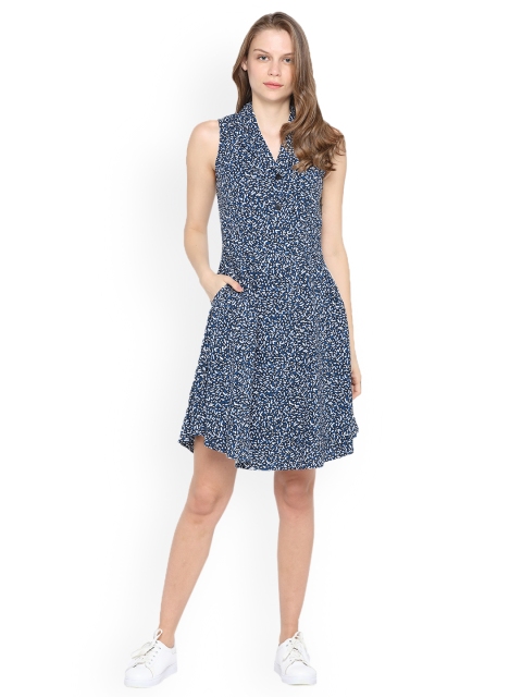 IDK Women Blue & White Fit and Flare Dress
