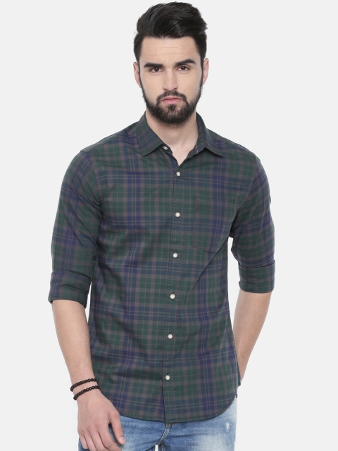 IMYOUNG Men Green & Blue Slim Fit Checked Casual Shirt