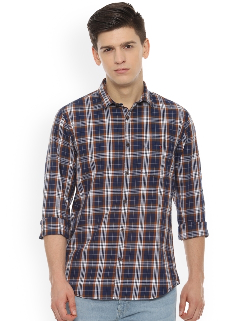 Louis Philippe Men Blue & Brown Slim Fit Checked Casual Shirt