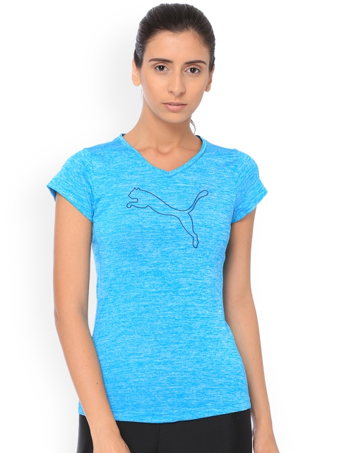 Puma Women Blue Printed V-Neck Heather Cat Tee Nrgy T-shirt