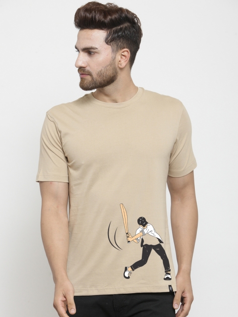 Friskers Men Beige Printed Round Neck T-shirt